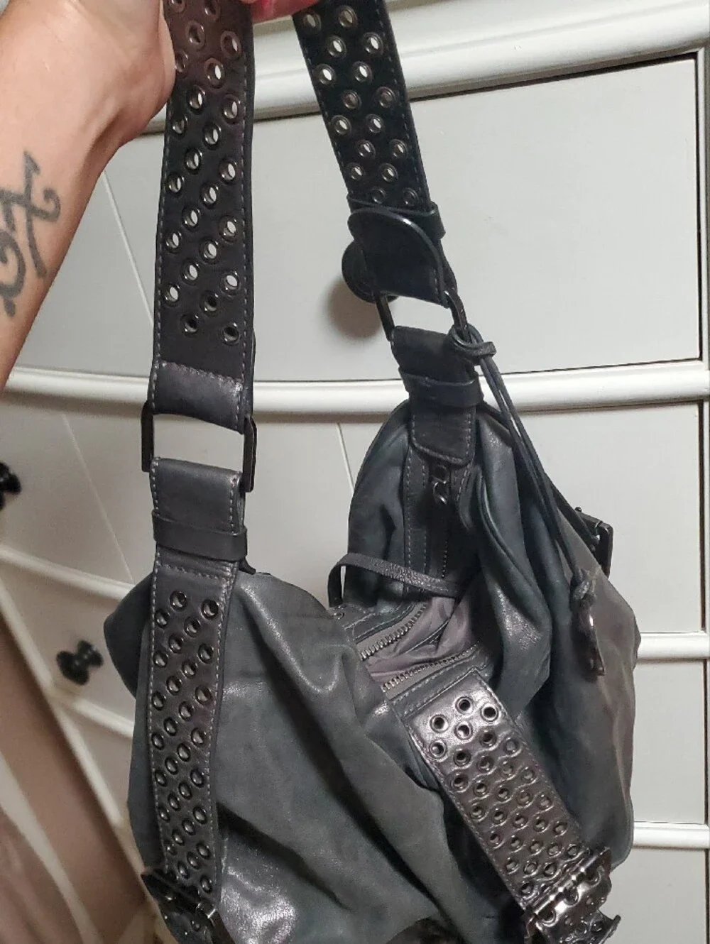 Michael Kors Studded Gray Leather Hobo Shoulder Bag
